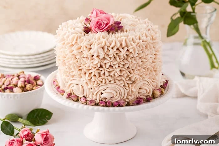 Close-up of a beautifully decorated Vanilla Layer Cake with Rose Buttercream.