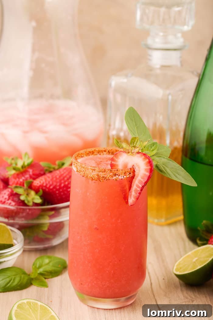 A non-alcoholic Strawberry Paloma mocktail, showcasing its vibrant red color