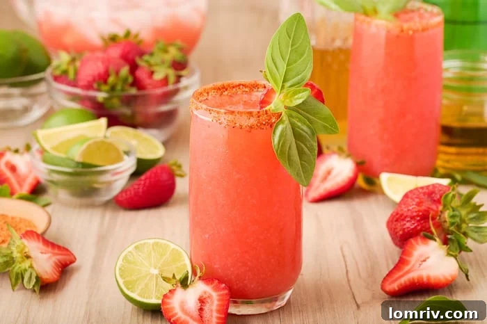 Two Strawberry Palomas ready to drink, garnished with basil and lime