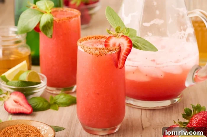 Close-up of a Strawberry Paloma drink showing its vibrant color and fresh ingredients