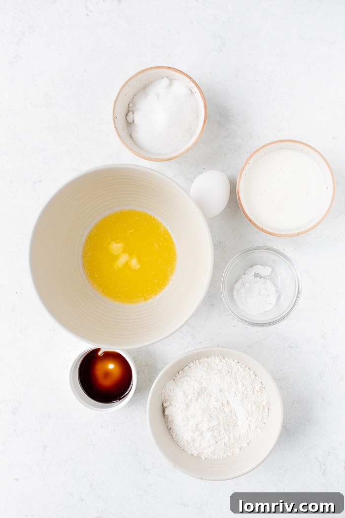 A top-down view of mixing dry ingredients: flour, baking powder, baking soda, and salt in a large white bowl.