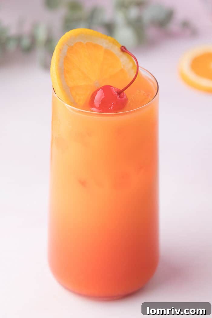 A beautifully crafted Tequila Sunrise cocktail in a tall glass, showcasing its distinct layered colors.