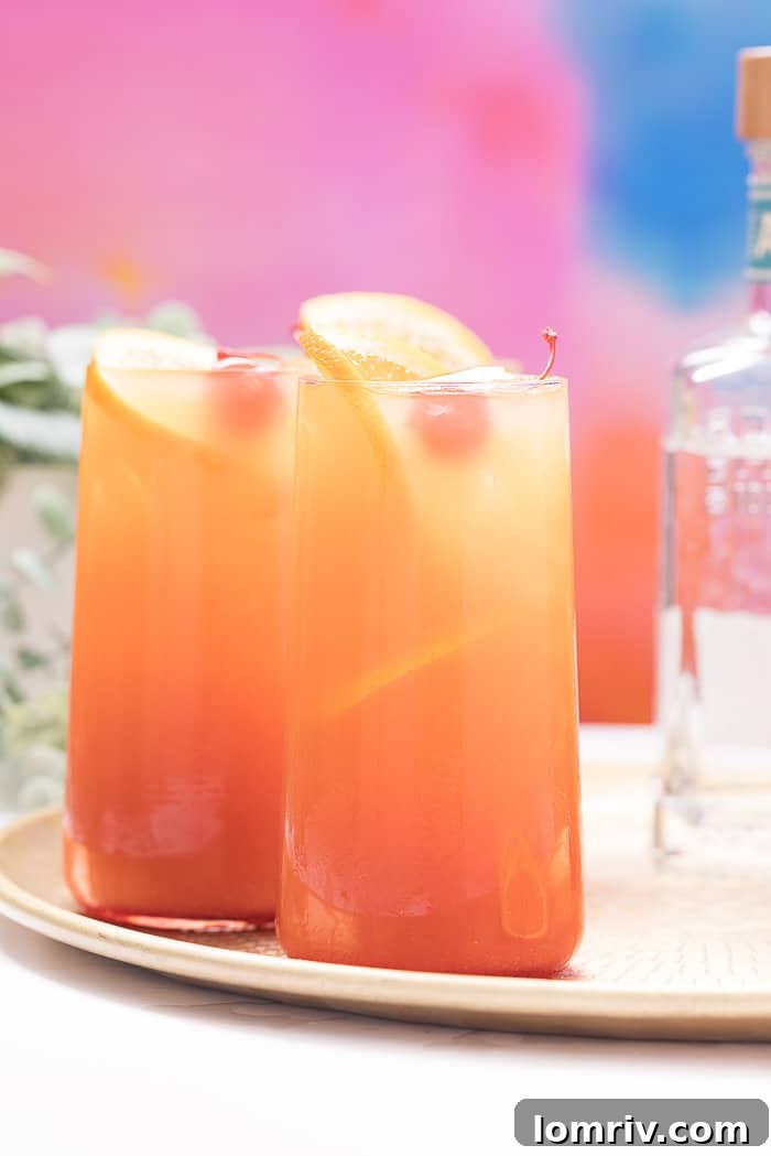 Two perfectly poured Tequila Sunrise cocktails with orange slices and cherries, ready to enjoy.