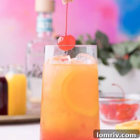 A vibrant Tequila Sunrise cocktail, perfectly garnished, as featured in the recipe card.