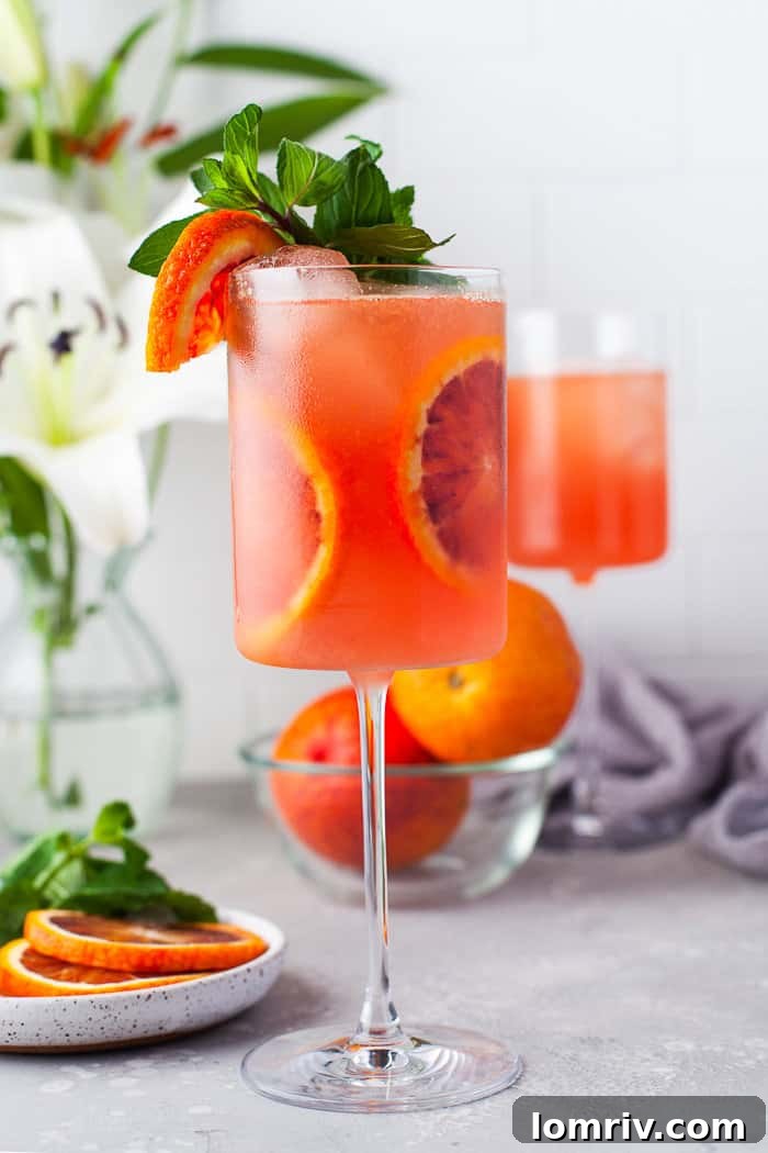 A close-up of a blood orange cocktail in a clear glass, garnished with blood orange slices.