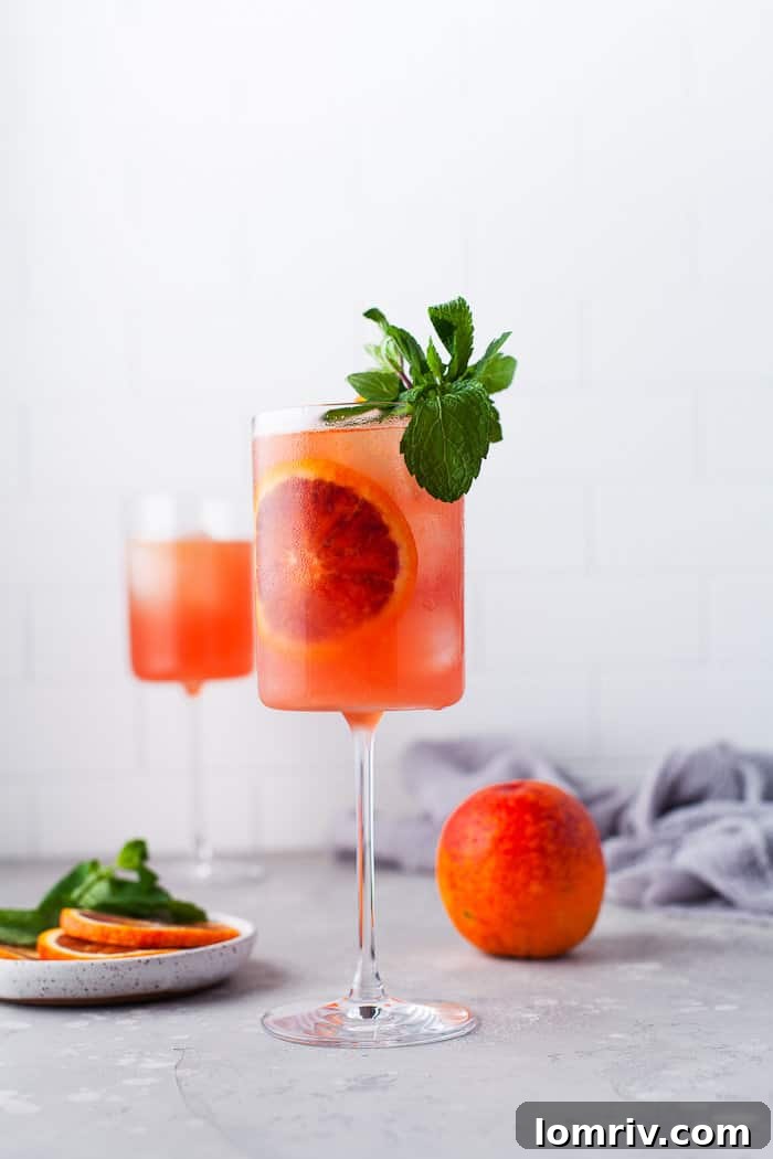 A Blood Orange Mezcal Cocktail in a tall glass, garnished with blood orange slices and mint.