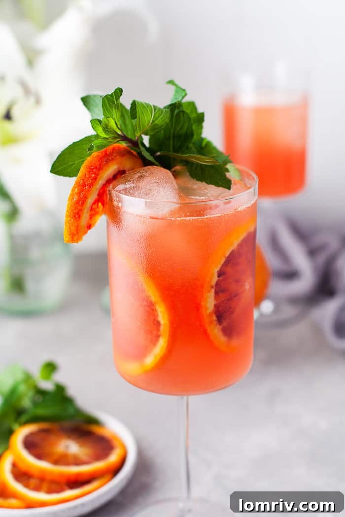 A Blood Orange Mezcal Cocktail in a glass with a mint garnish.