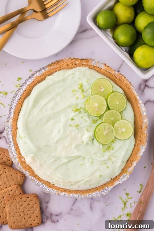 A beautifully garnished No Bake Key Lime Pie, topped with fresh lime slices and zest, ready for serving.