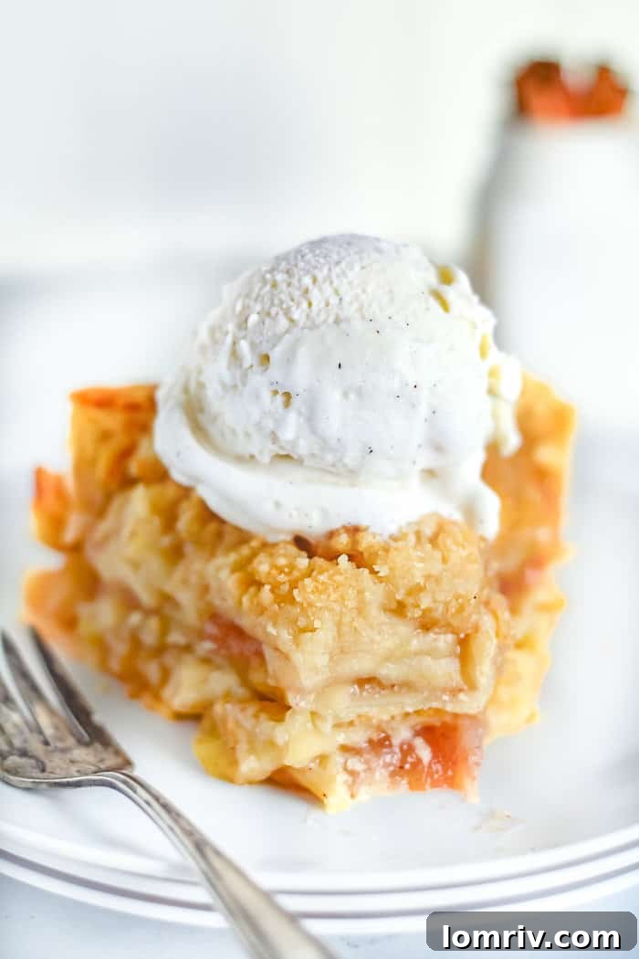 A slice of Dutch Apple Pie with ice cream on top
