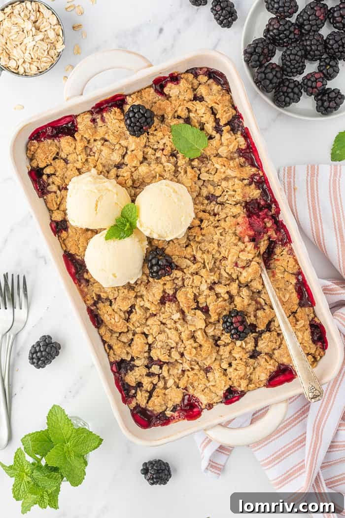 Blackberry crumble in a baking dish with ice cream.