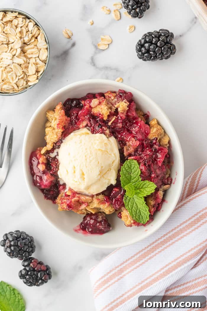 Blackberry crumble in a bowl with ice cream.
