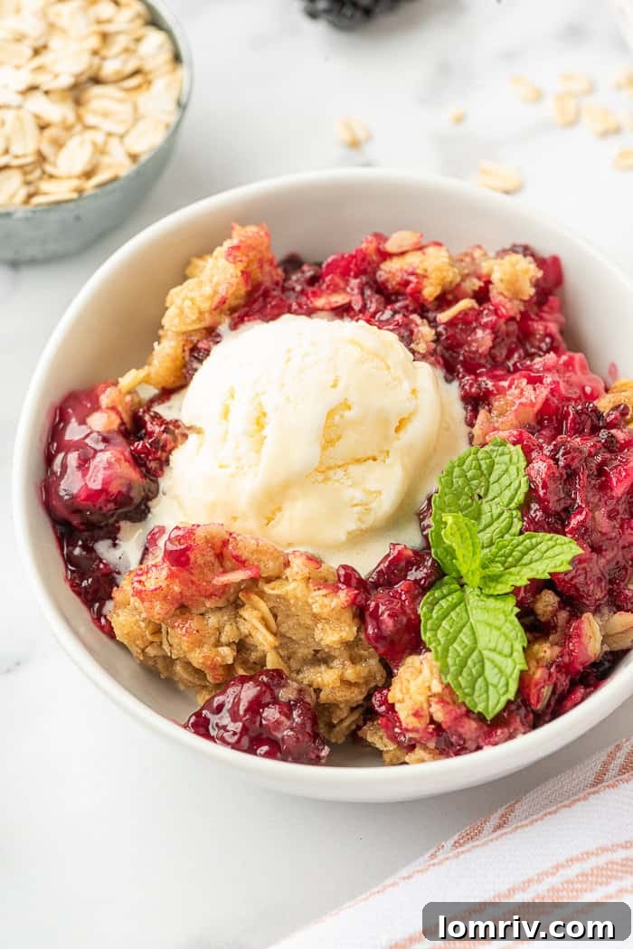 Blackberry crumble in a bowl.