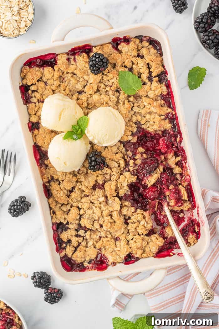 Blackberry crumble in a baking dish.