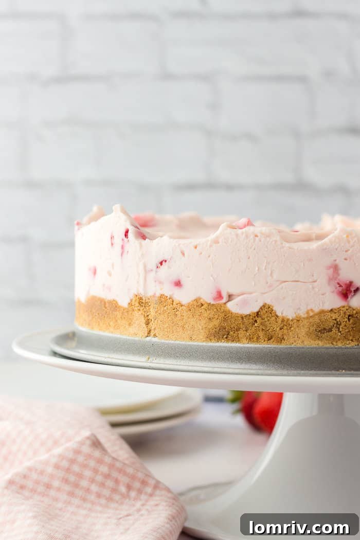 A whole no-bake strawberry cheesecake, showcasing its beautiful pink hue and crumbly graham cracker crust, ready to be sliced.