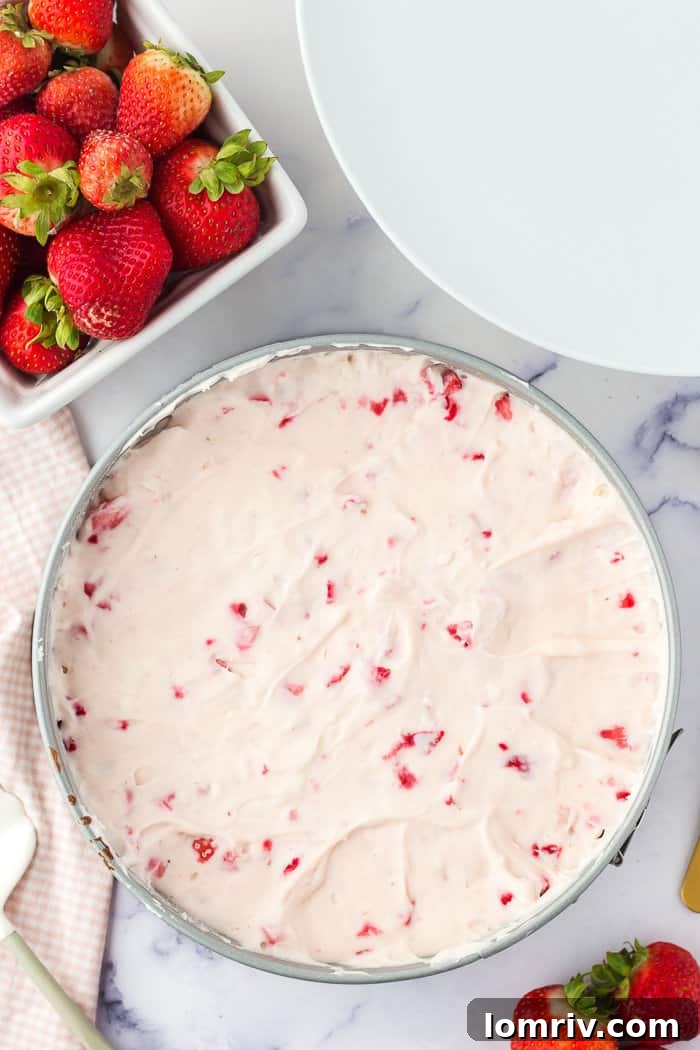 The no-bake strawberry cheesecake firming up inside the springform pan after chilling, still intact.
