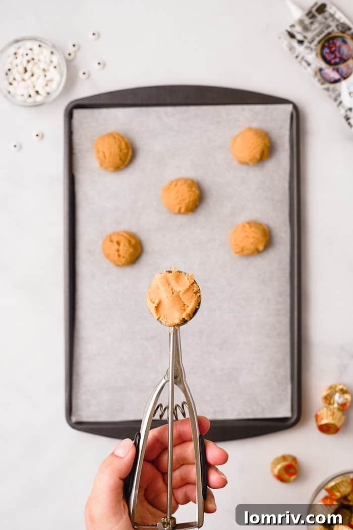 Rolled cookie dough balls on a baking sheet.