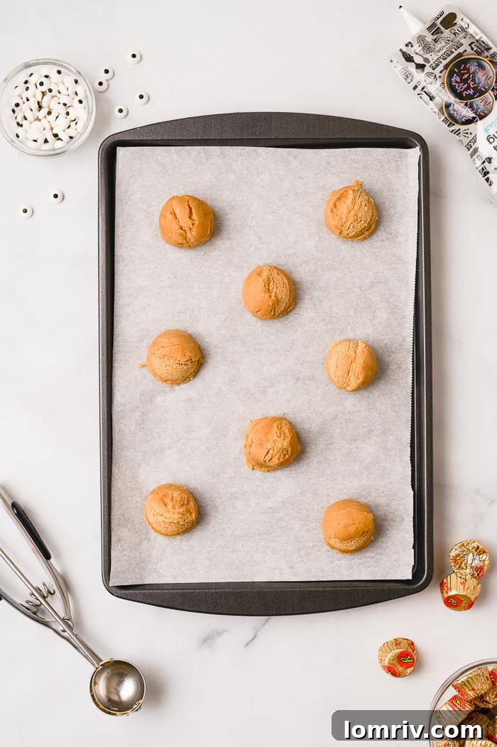 Close-up of cookie dough balls ready for baking.