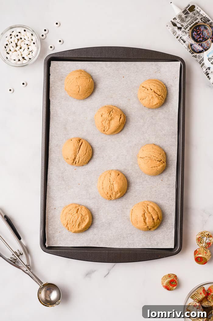 Freshly baked peanut butter cookies on a baking sheet.