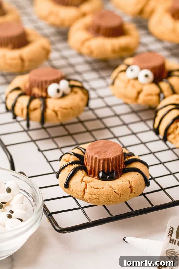 Adding candy eyes to the spider cookie.
