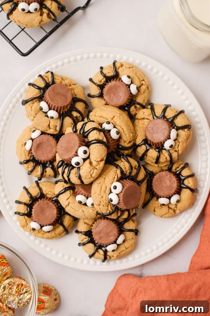Spider peanut butter cookies displayed on a plate.
