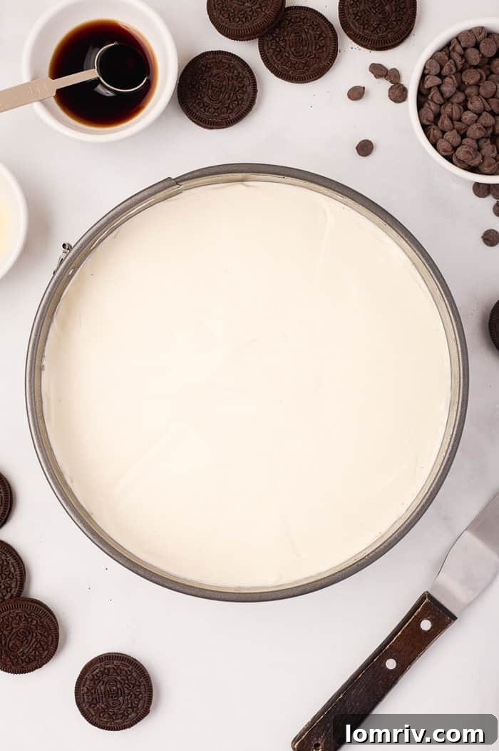 The smooth cheesecake filling spread evenly over the Oreo crust, creating a perfect canvas for the spider web design.
