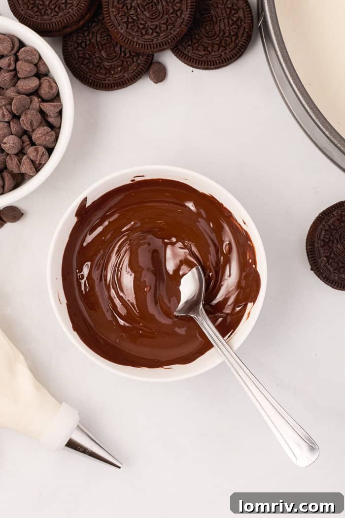 Melted dark chocolate, smooth and glossy, ready to be used for the intricate spider web design on the cheesecake.