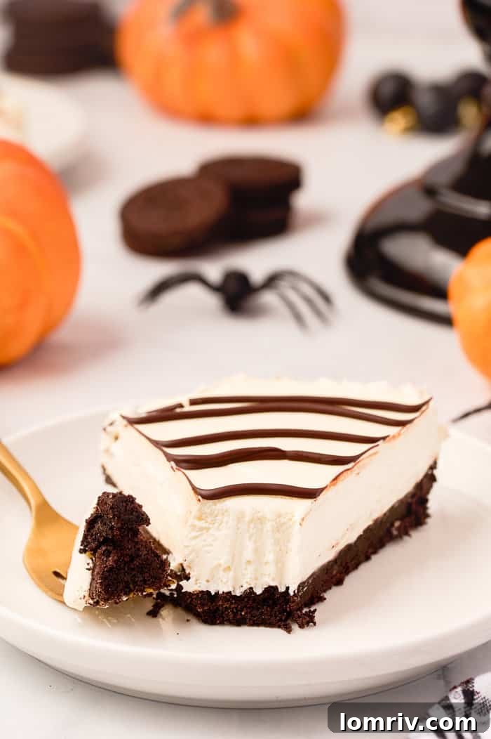 A perfectly portioned slice of no-bake spider web cheesecake on a plate, highlighting the creamy filling and detailed chocolate web.