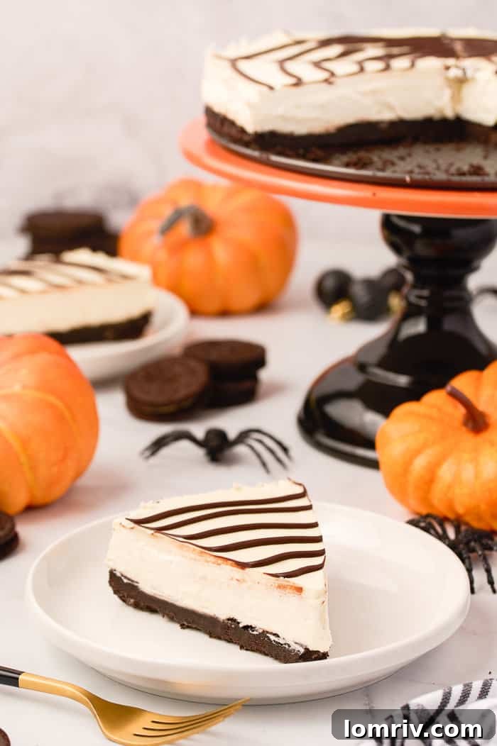 A close-up shot of a slice of no-bake spider web cheesecake on a plate, showcasing its fluffy texture and the distinct layers of crust and filling.
