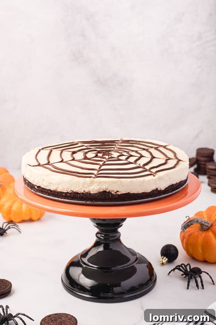 A stunning no-bake spider web cheesecake, artfully arranged on a cake plate, serving as the centerpiece for a festive Halloween dessert spread.