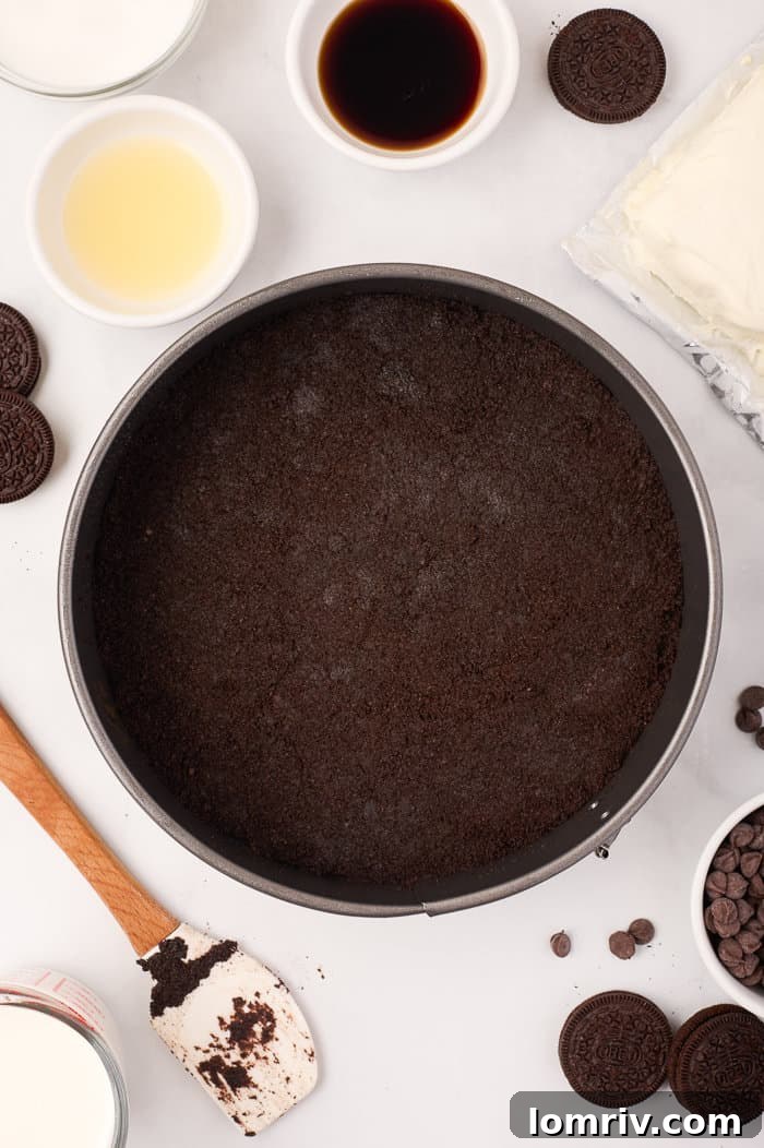 The chilled Oreo crust, a perfect base for the no-bake spider web cheesecake, waiting for its creamy filling.