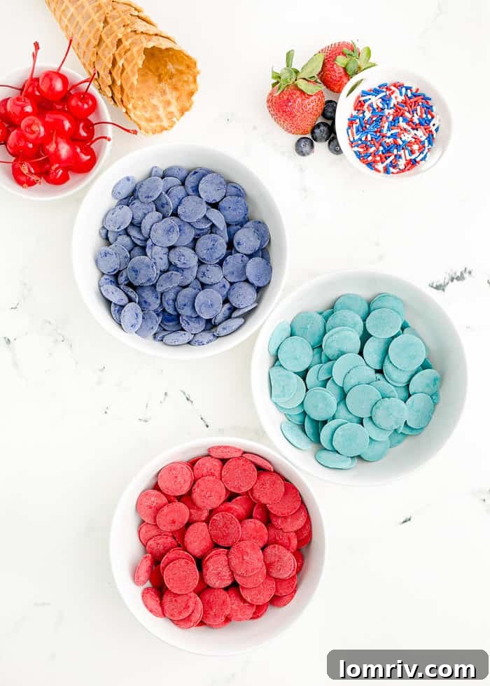 Separate bowls of red and blue candy melts, ready for dipping.