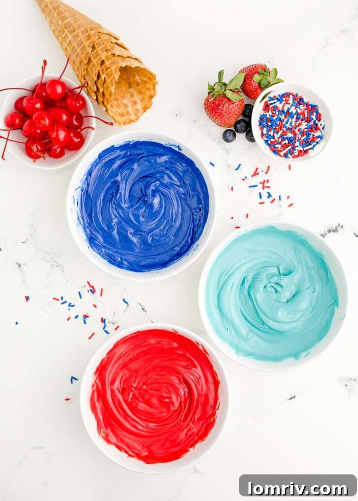 Melted red and blue candy in bowls, perfectly smooth.