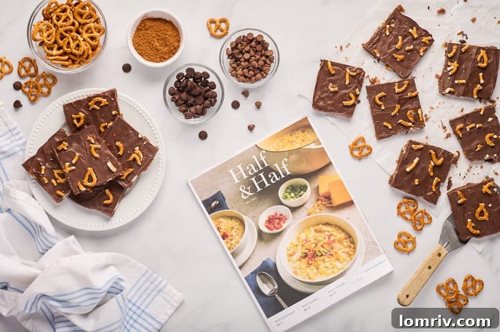 Pumpkin bark displayed alongside an open Half & Half magazine, highlighting the recipe source and seasonal appeal.