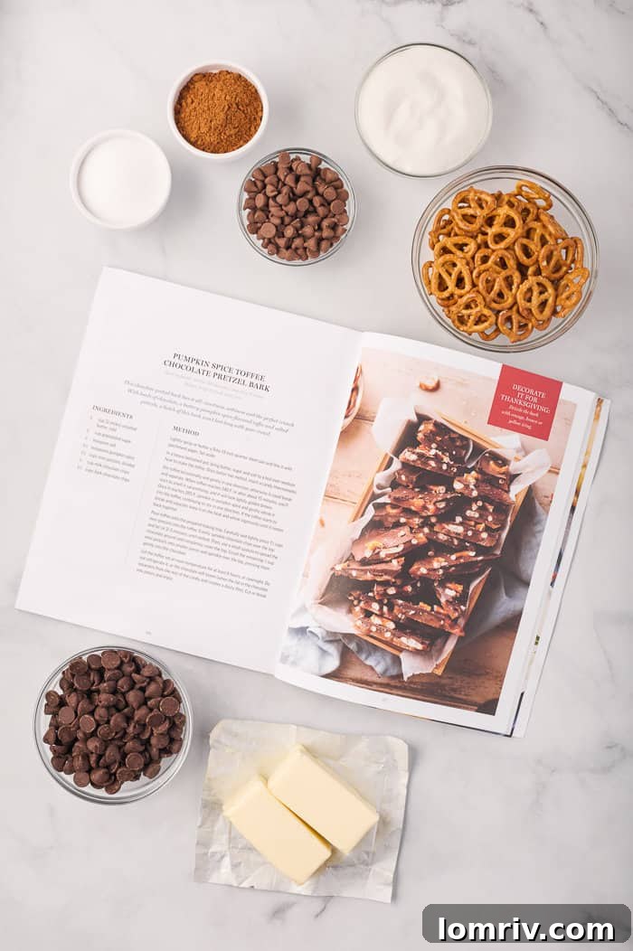 Half & Half magazine opened to a page displaying the ingredients for pumpkin bark, including butter, sugar, pretzels, and chocolate chips.