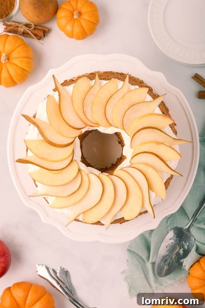 Pumpkin spice angel food cake topped with pears and apples.