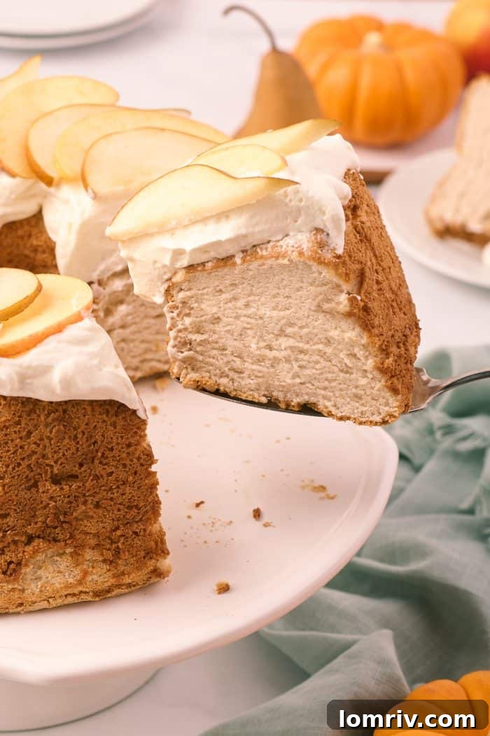 A slice of pumpkin spice angel food cake being removed from the cake.