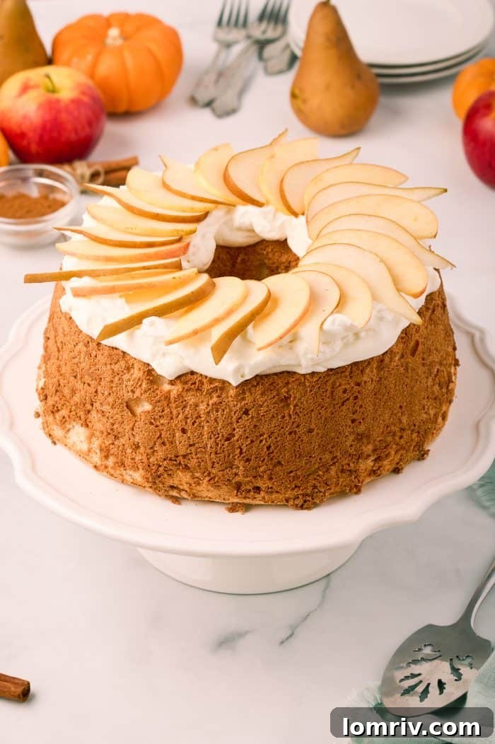 Pumpkin spice angel food cake on a cake platter.