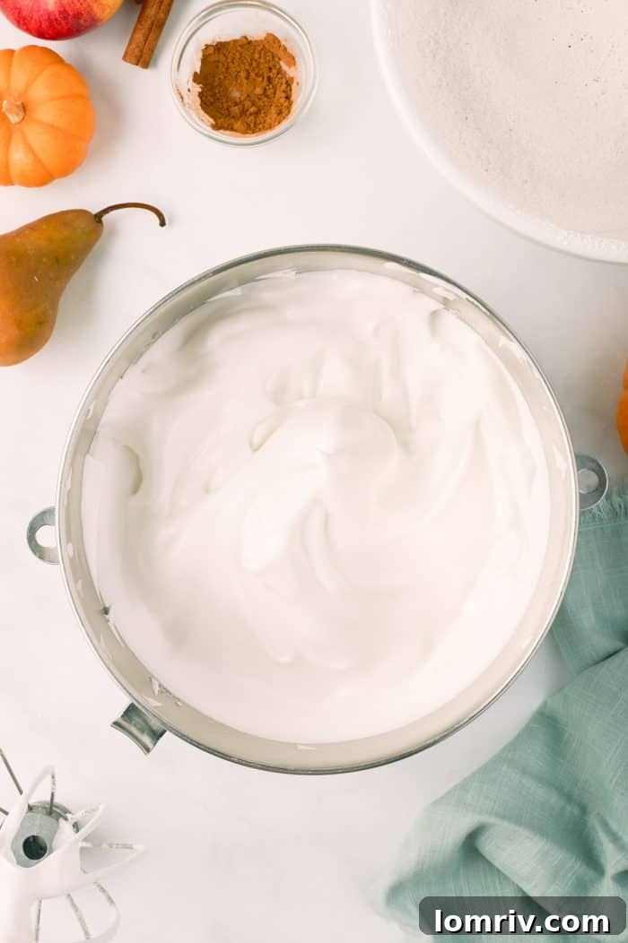 Whipped egg whites for angel food cake.