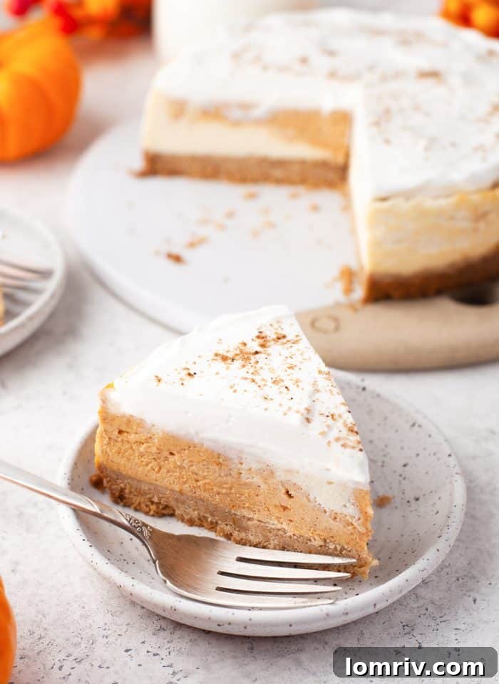 A slice of instant pot pumpkin cheesecake.