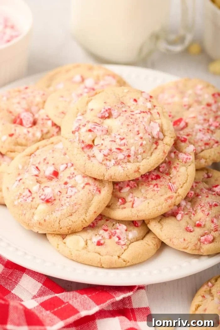 A close-up shot of freshly baked peppermint white chocolate cookies arranged on a white plate, showcasing their soft texture, white chocolate chips, and vibrant red crushed candy cane topping.