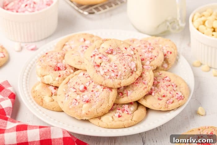 A decorative arrangement of peppermint white chocolate cookies on a white plate, ready to be served.