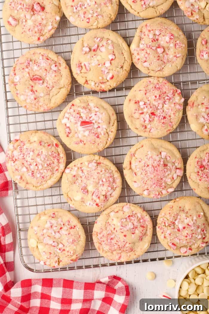 Several peppermint white chocolate cookies cooling on a metal wire rack, showcasing their slightly puffed centers and festive red and white candy cane bits.