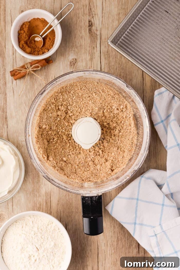 A closer view of the prepared streusel mixture, showcasing its perfect crumbly consistency.