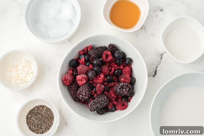 Ingredients for Very Berry Coconut Chia Smoothie laid out