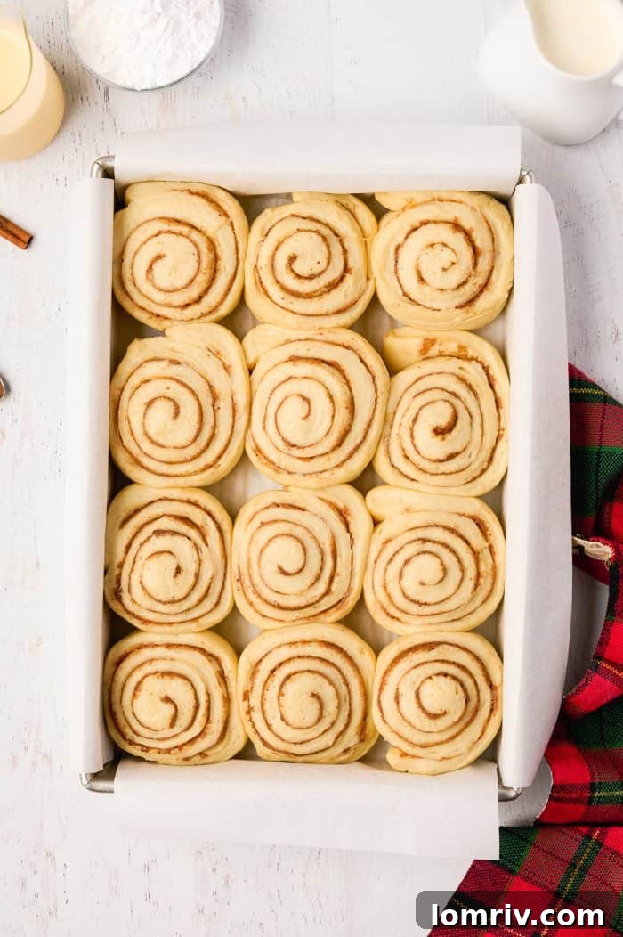 Eggnog cinnamon rolls after the second rise, looking puffy and beautifully doubled in size.