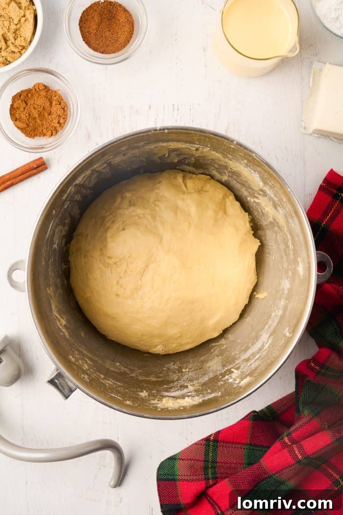 Eggnog cinnamon roll dough in a mixing bowl after being kneaded to the perfect consistency.