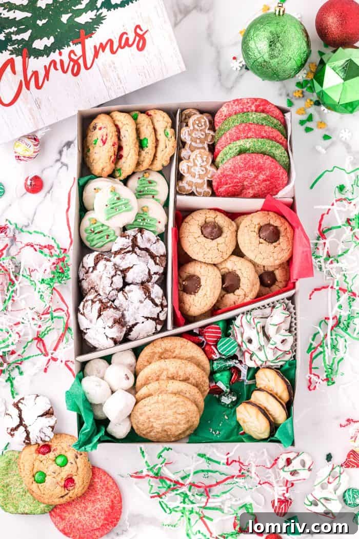 The finished holiday cookie box, overflowing with treats.