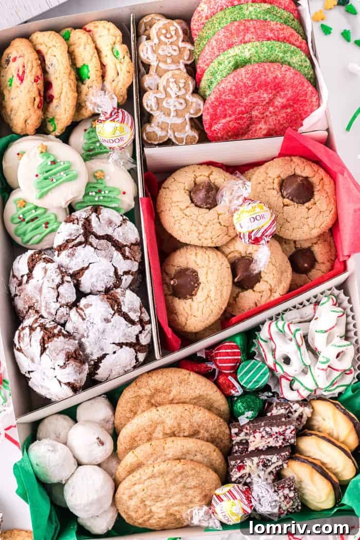 Holiday cookie box filled with cookies.