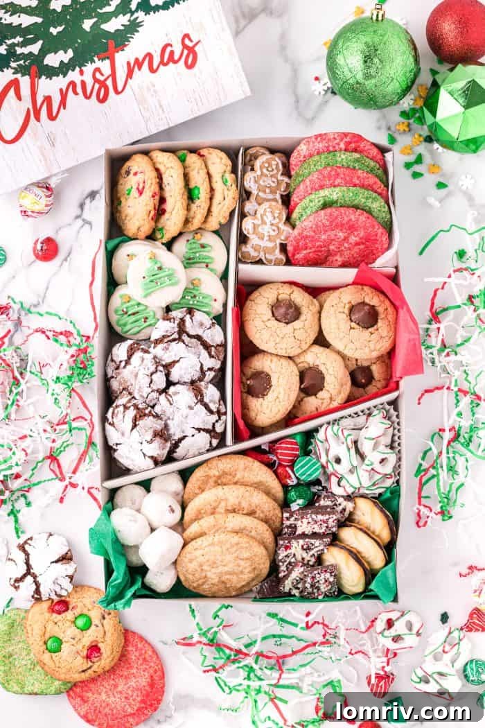 A top-down view of the bountiful holiday cookie box.