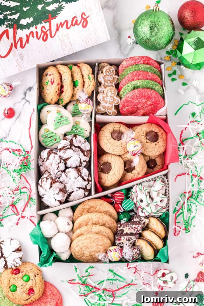 A holiday cookie box, with its lid placed on, ready to be gifted.